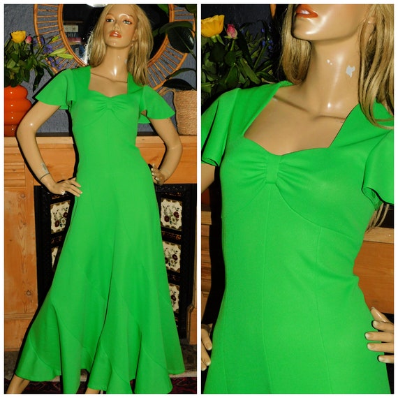 Vintage 70s APPLE Green FLUTTER Slvd Maxi STARLET Evening Dress 10 S 1970s Kitsch