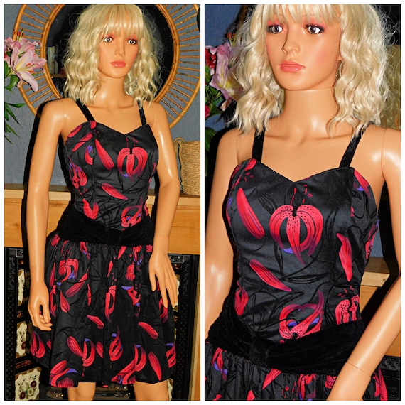 Vintage 80s Multicoloured FLORAL BOW Front Prom Party Dress 10 12 S M 1980s Cocktail Kitsch Extreme Asymetrical