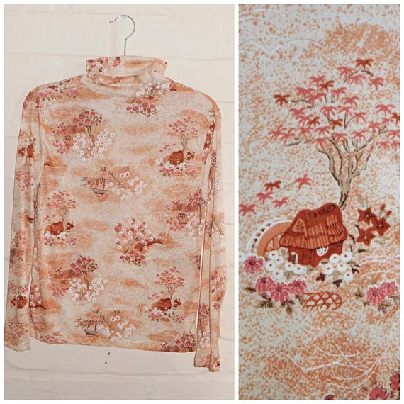 Vintage 60s 70s NOVELTY HOUSE In The WOODS Print Stretch Nylon Polo Neck S M 1970s Kitsch 10 12