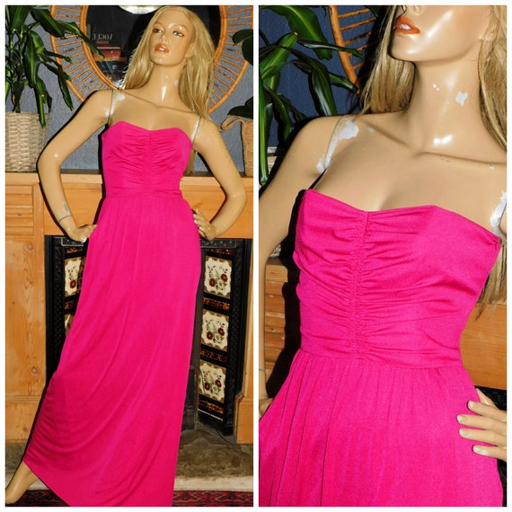 Vintage 70s MAGENTA PINK Strapless Ruched Maxi DISCO Evening Dress 8 S 1970s Party Cocktail