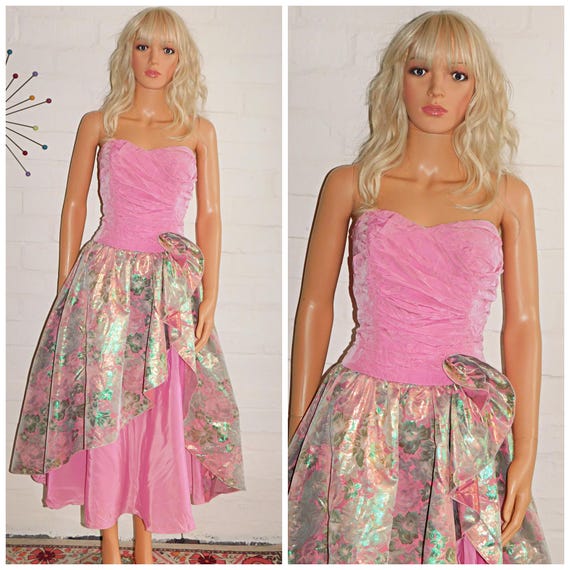 Vintage 80s Vera Mont BABY Pink Metallic Strapless Prom Party Dress 14 16 M L 1980s Kitsch Princess
