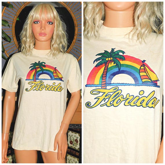 Vintage 80s Yellow Soft Single Stitch Florida Rainbow PALM TREE Print T Shirt S M Unisex Graphic Tee 1980s