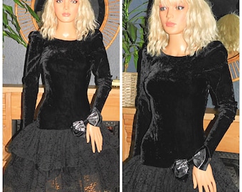 Vintage 80s Black Silver Drop Waist BOW Lace RaRa PROM Party Dress 6 8 Xs 1980s Kitsch Cocktail