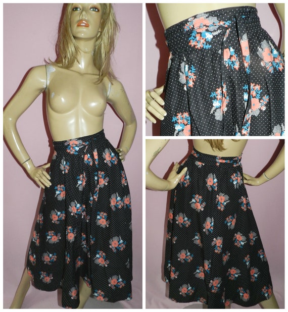 Vintage 70s Betty Barclay NOVELTY CAT Floral Print Skirt 8 S Xs 1970s Cotton Boho Hippy
