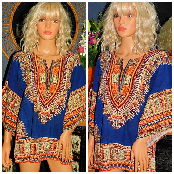Vintage 60s Navy Multicoloured WING Slvd FESTIVAL Cotton DASHIKI Caftan Top Tunic 10 12 S M 1960s Bohemian Hippy