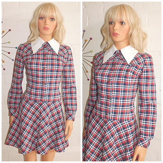 Vintage 60s Red White Blue Tartan Check Print Contrast COLLAR MINI Mod Dress 10 S 1960s Western