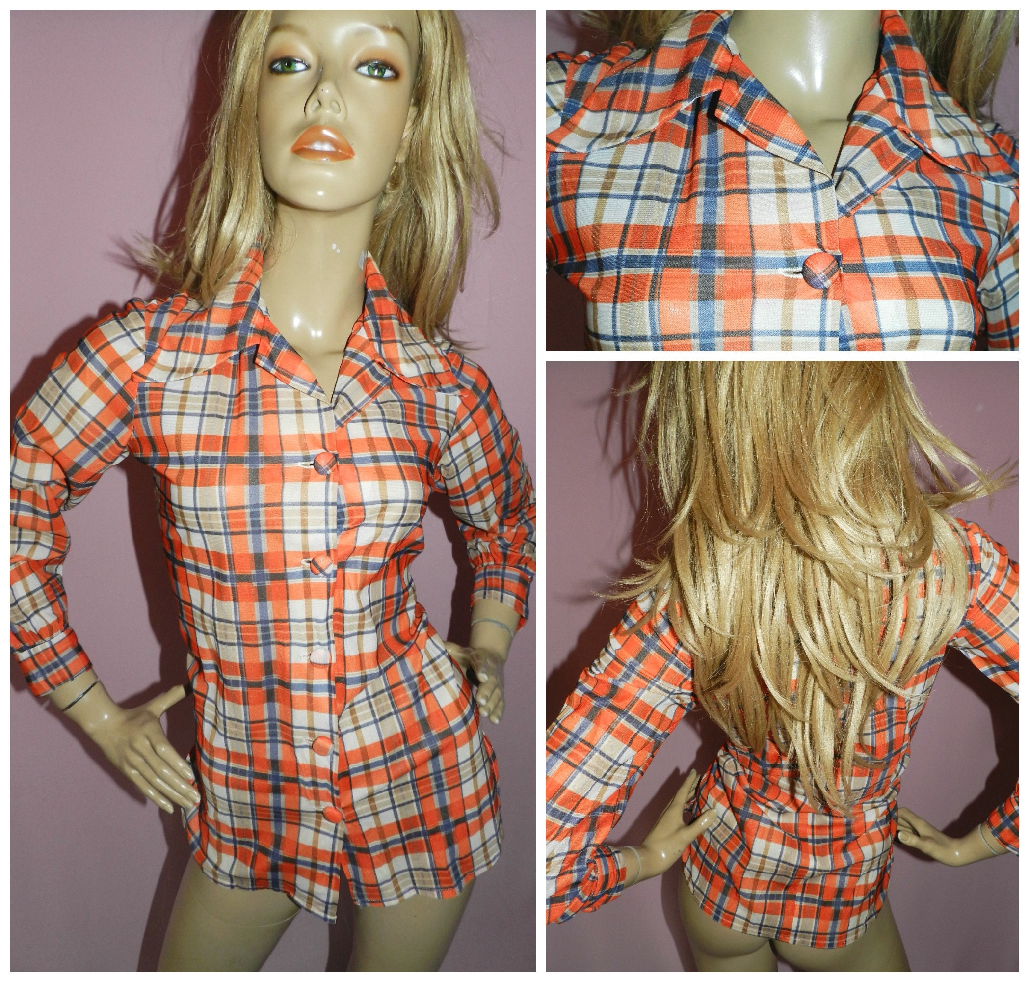 Vintage 1960s Orange Navy TARTAN Check MOD shirt blouse 12 M 60s 70s ...