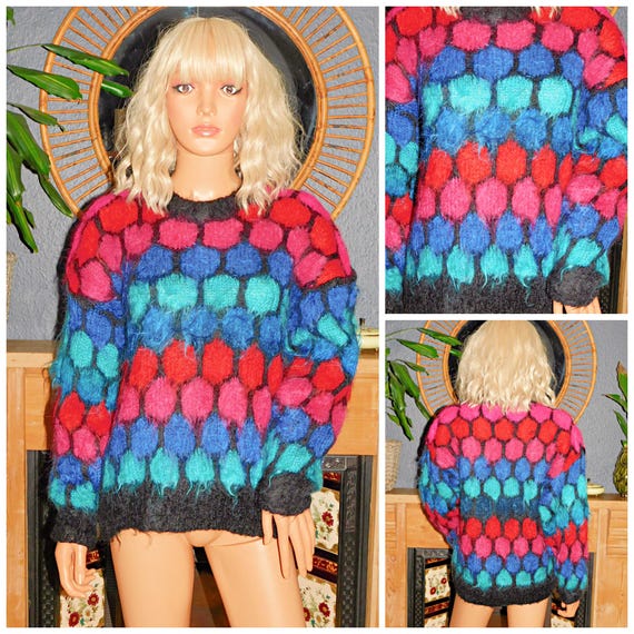Vintage 80s Multicoloured SHAGGY MOHAIR HoneyComb Sweater Jumper S M 1980s Slouchy Geometric