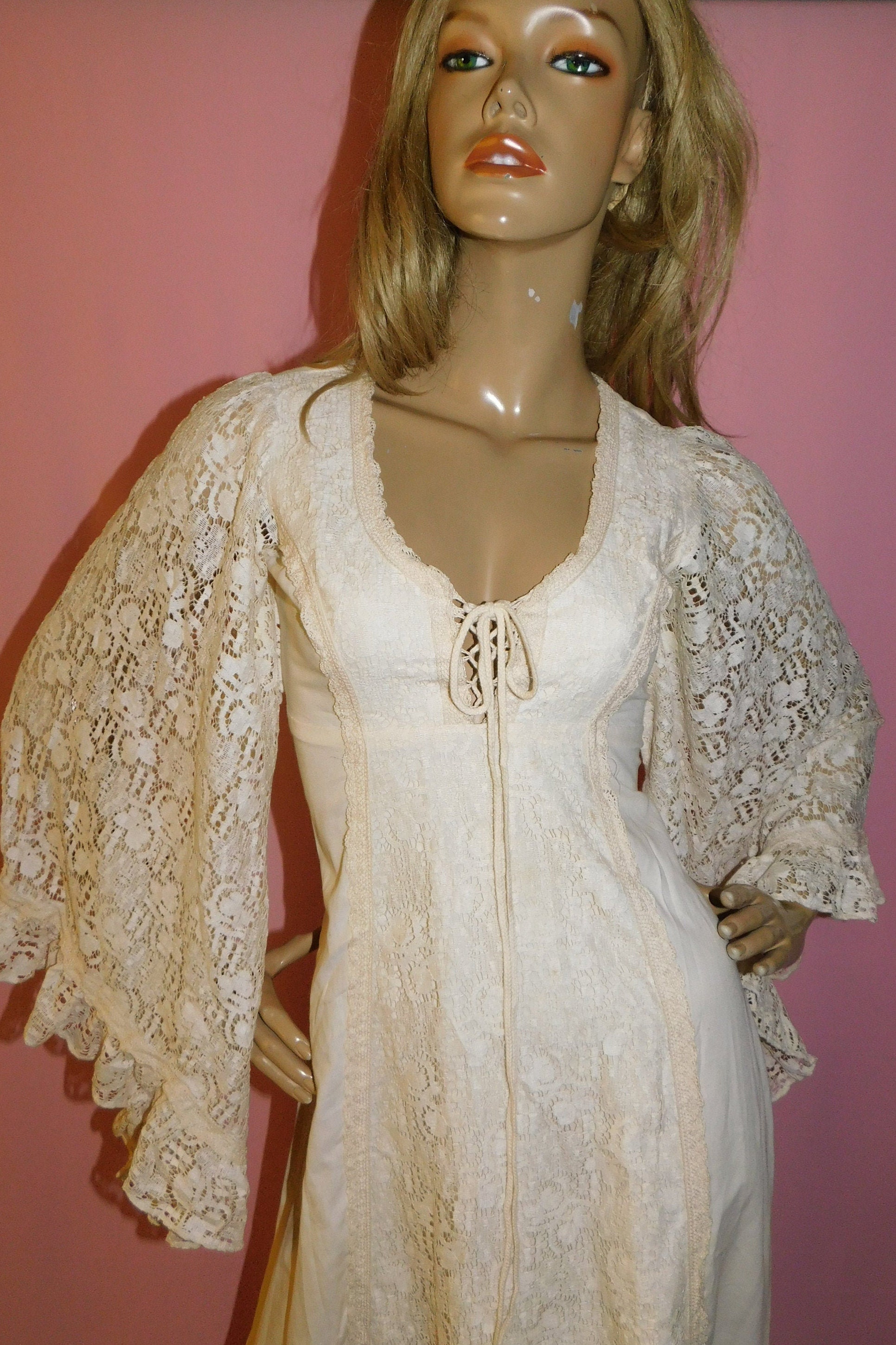 Vintage 70s BOHEMIAN GUNNE SAX Cream Crochet Lace Maxi Dress 10 S 1970s ...