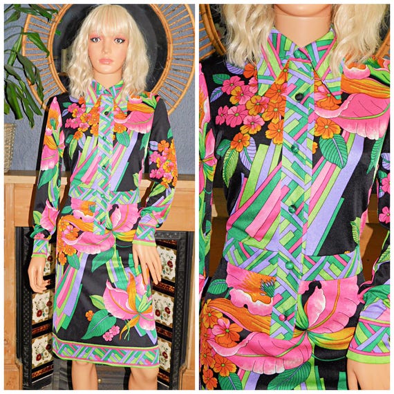 Vintage 70s Bold Multicoloured ART NOUVEAU Border Print FLORAL Midi Dress 12 M 1970s