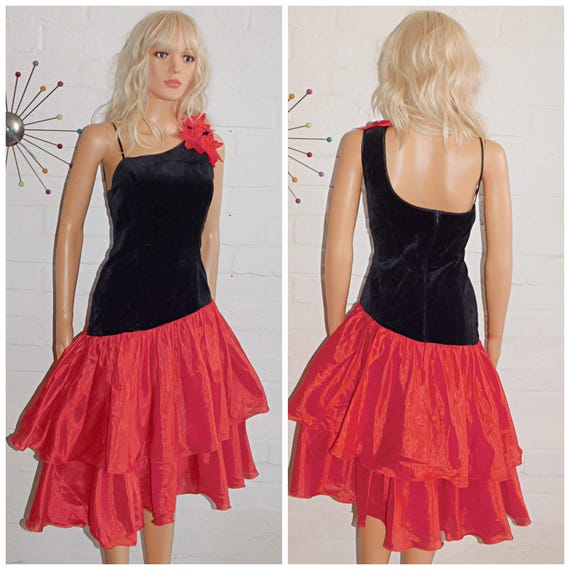 Vintage 80s Red Black Velvet Cold Shoulder RARA Prom Party Dress 10 S 1980s Cocktail Extreme