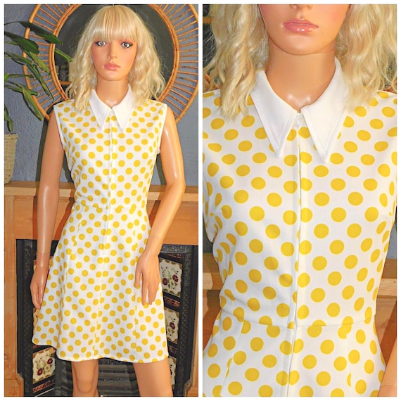 Vintage 60s Yellow White POLKA Dot Contrast COLLAR MOD Dress 1960s Dolly Modette