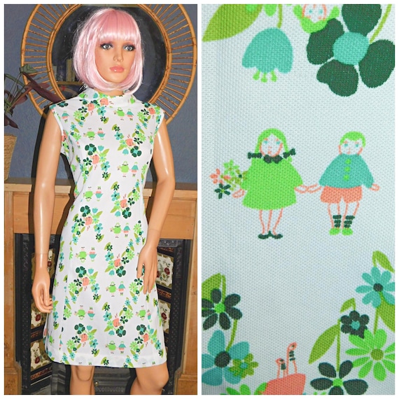Vintage 60s Novelty GIRLS BOYS Print Mod Scooter Dress 16 L 1960s Modette Kitsch
