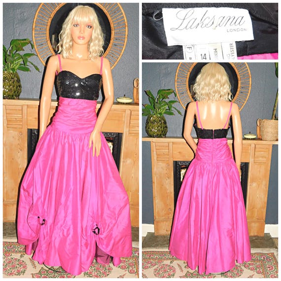 Vintage 80s Cerise Pink Black Sequin Maxi PRINCESS PROM Party Dress 12 M 1980s Evening Cocktail Kitsch Laksana