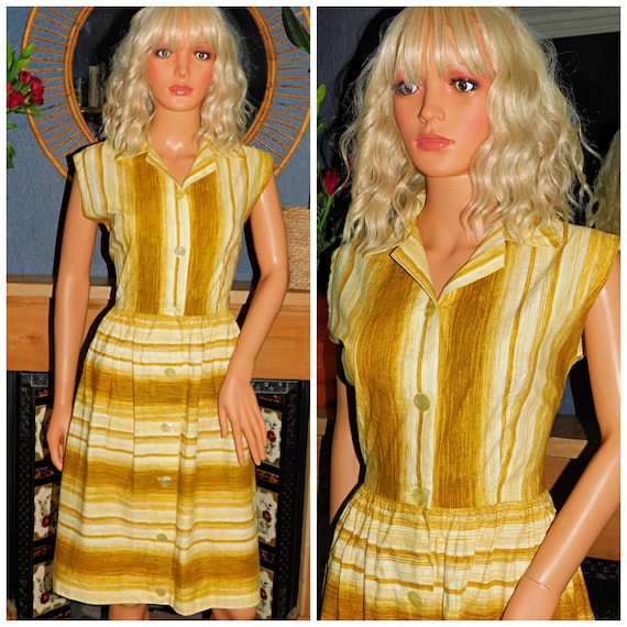 Vintage 50s Mustard Yellow Cream STRIPED Button Down TEA Dress 14 M Mid Century