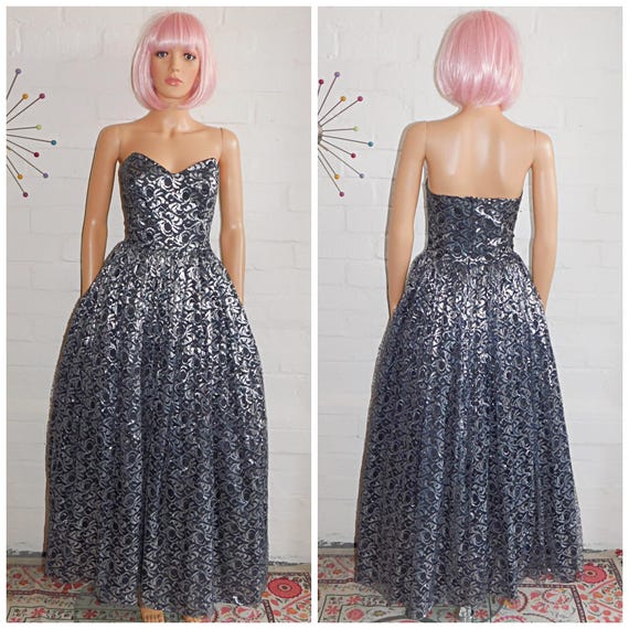 Vintage 80s Black Metallic Silver Lace STRAPLESS PRINCESS Prom Party Dress 8 Xs 1980s