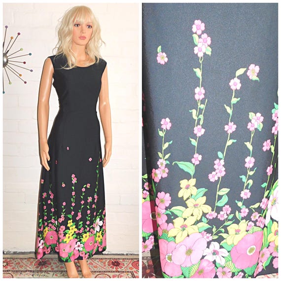Vintage 70s Black Multicoloured FLOWER POWER Print Margo Maxi Dress 12 14 M 1970s Floral