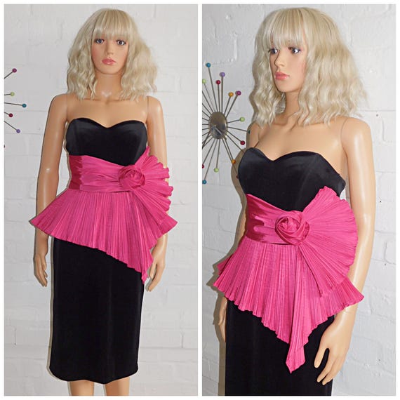 Vintage 80s BUBBLEGUM Pink Black Avant Garde Strapless PEPLUM Prom Party Dress 8 10 S 1980s Cocktail Evening