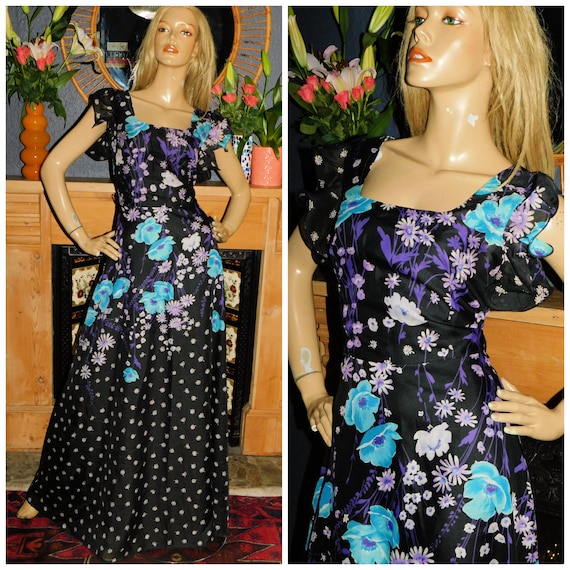 Vintage 70s Emiliana Black Blue FLORAL DAISY Print Ruffled Floaty Boho Maxi Dress 8-10 S 1970s Bohemian