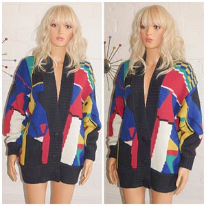 Vintage 80s Multicoloured Colour Block ABSTRACT GEOMETRIC Print Chunky Cardigan S M L 1980s Knit