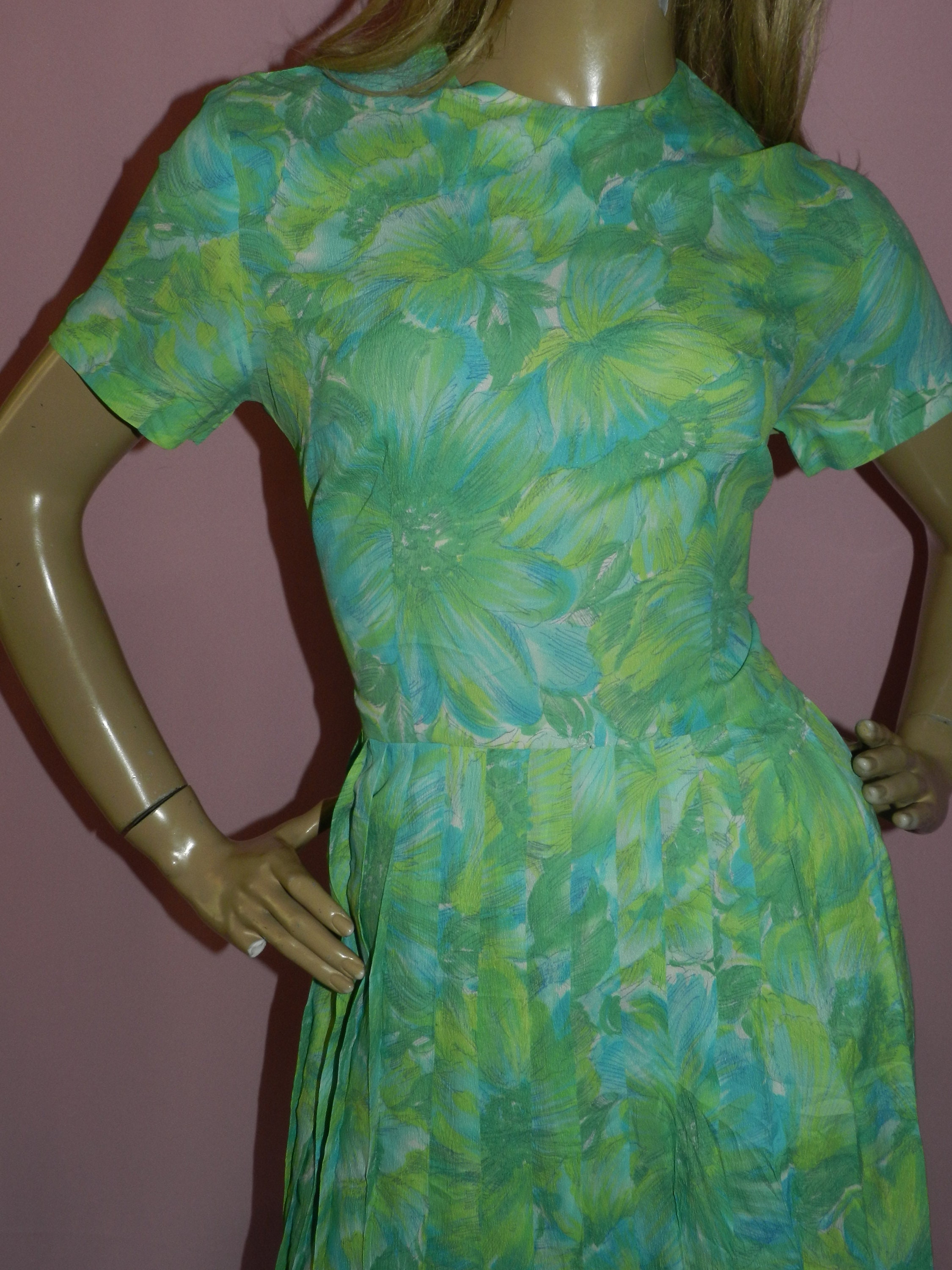 Vintage 50s Green Blue Abstract FLORAL Print Summer Tea Dress 12 M ...