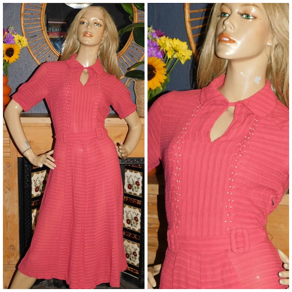 Vintage 30s 40s Dusky Coral Pink STRIPED Semi Sheer Belted Day Dress 10 S 1930s 1940s