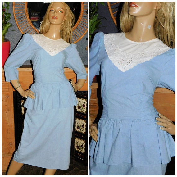 Vintage 80s Blue White BRODERIE BIB PEPLUM Nu Wave Day Dress 12 M 1980s