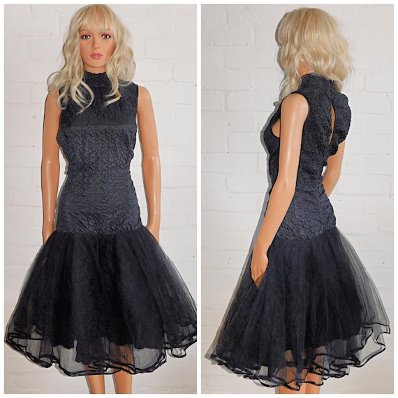 Vintage 80s Black Textured Net TULLE Drop Waist Prom Party Dress 10 12 S M 1980s Vera Mont