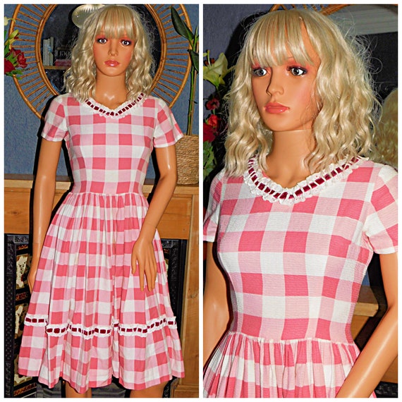 Vintage 50s Pink White GINGHAM CHECK Broderie Trim TEA Dress 8 S 1950s Mid Century Kitsch