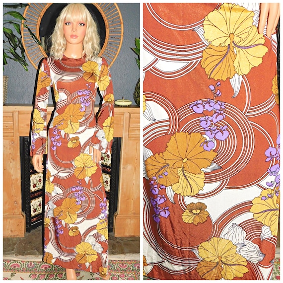 Vintage 70s FLOWER POWER PSYCHEDELIC Bell Slvd Nylon Maxi Dress 12 M 1970s Kitsch Iconic
