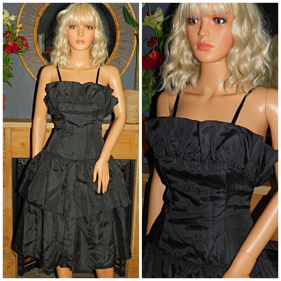 Vintage 1980s Black ORIGAMI RUFFLED RARA Prom Party Dress 8 10 S 80s Cocktail Extreme Drop Waist