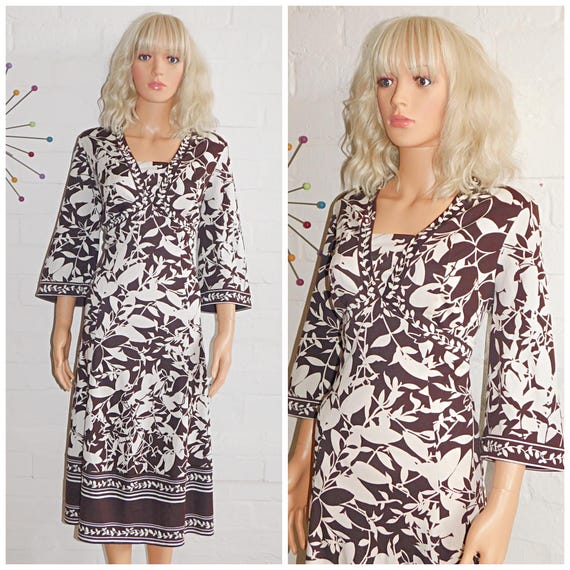 Vintage 70s Brown Cream Border LEAF Print Midi Dress 18 20 XL 1970s Wide Sleeves