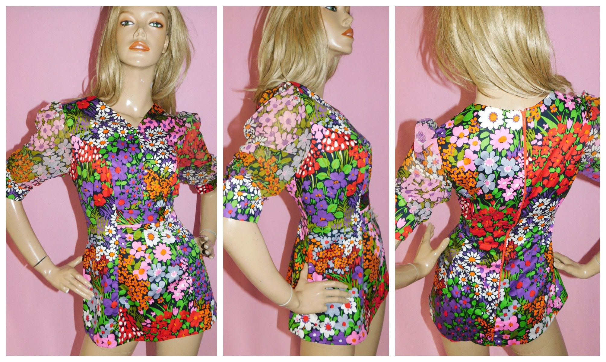 Vintage 60s 70s does 40s Bold Multicoloured Psychedelic FLOWER POWER ...