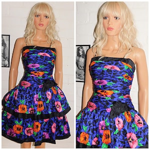 Vintage 80s Multicoloured FLORAL RARA SILK Prom Party Dress 8 Xs 1980s Kitsch