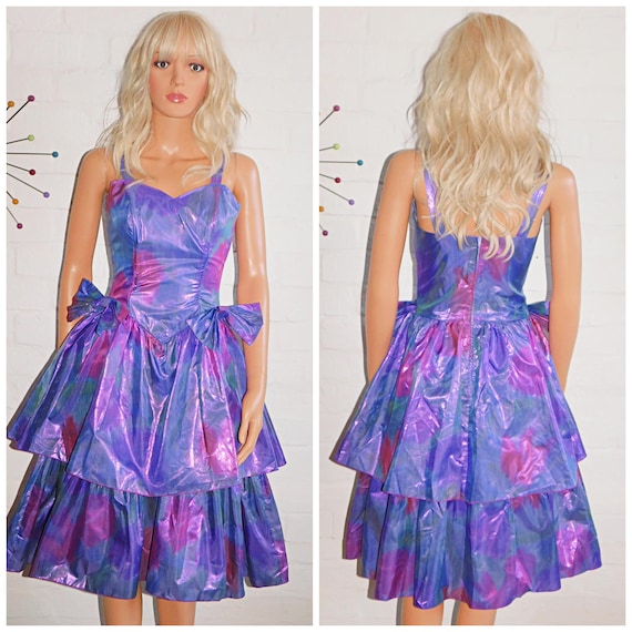 Vintage 1980s Purple Pink METALLIC BOW Front Prom Party Dress 8 S 1980s Trashy Cocktail Disco Lame