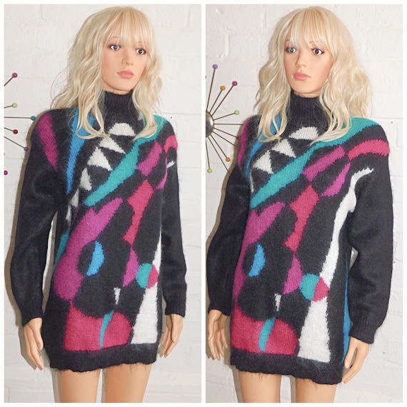 Vintage 80s Black Multicoloured GEOMETRIC ABSTRACT Print Jumper Sweater S 1980s Mohair Kitsch