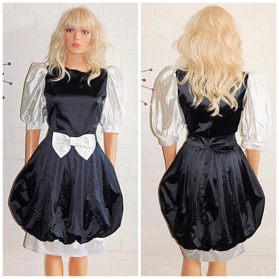 Vintage 80s Black White POLKA Dot BUBBLE Hem BOW Prom Party Dress 10 1980s Cocktail Avant Garde Kitsch Puffball