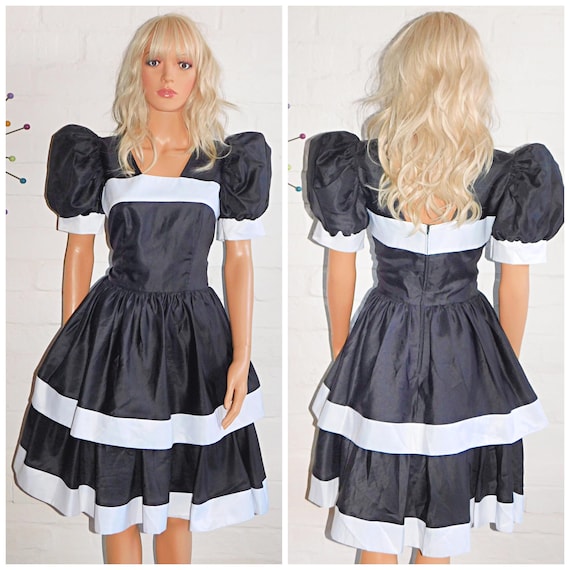 Vintage 80s Black White STRIPED PUFF Slvd Prom Party Dress 12 M 1980s Kitsch Cocktail Evening