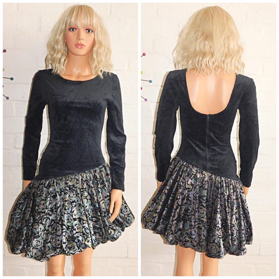 Vintage 80s Black METALLIC Silver Velvet Drop Waist BUBBLE Hem Puffball Prom Party Dress 6 8 XS 1980s Kitsch