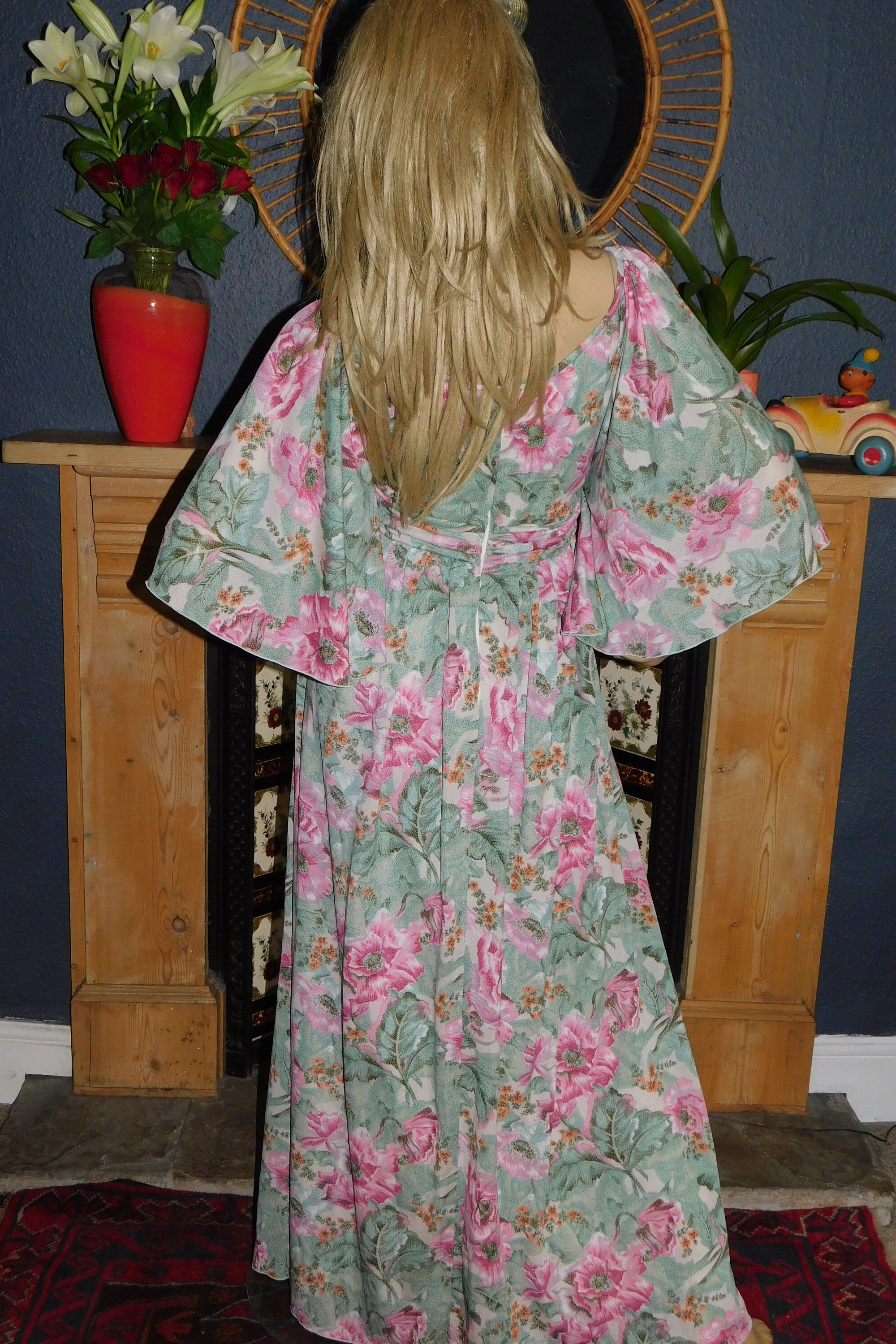Vintage 70s Green Pink FLORAL Print ANGEL Wing Slvd Maxi Dress 10-12 S ...