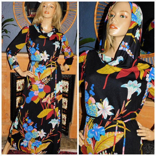 Vintage 60er 70er Jahre schwarz bunte PSYCHEDELIC Druck HOODED Maxi Kleid 14-16 M L 1960er Jahre 1970er Jahre Kitsch Jugendstil Orchidee