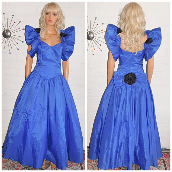 Vintage 80s Electric Blue BOW Back PUFF Slvd Princess Prom Party Dress 8 10 S 1980s Kitsch Extreme