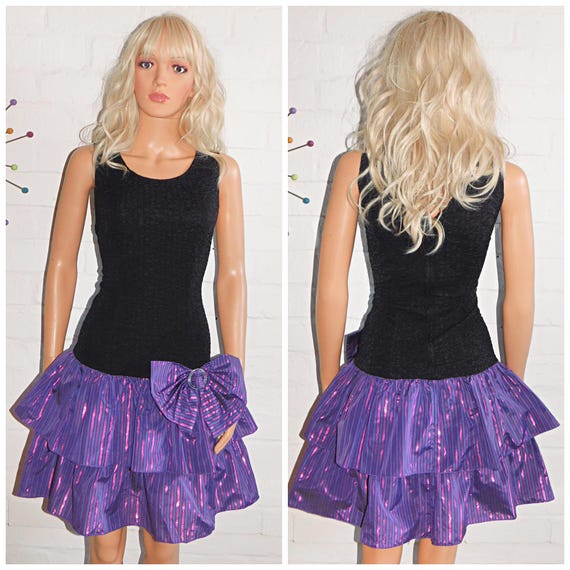 Vintage 80s Black Purple Drop Waist BOW RARA Prom Party Dress 10 12 S M 1980s Cocktail Evening Kitsch