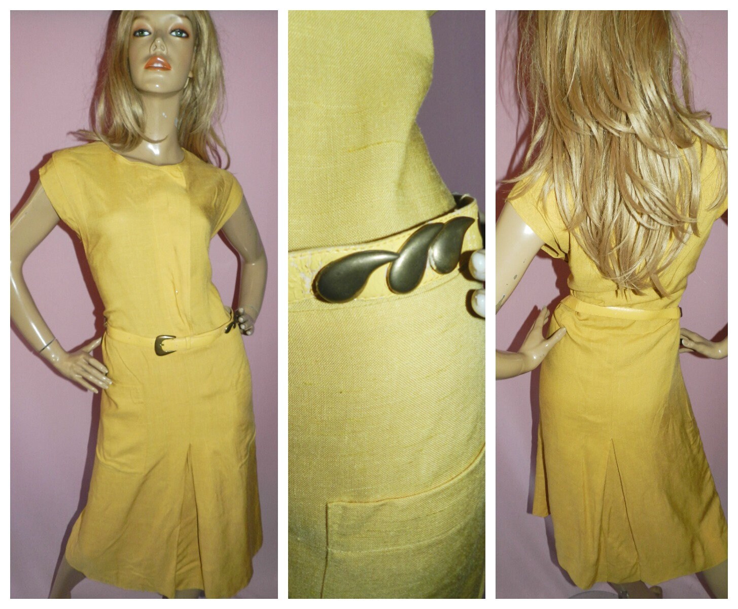 Vintage 70s 80s MUSTARD Yellow Belted Day dress 14-16 M L 1970s 1980s ...