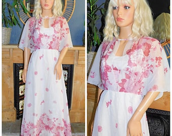 Vintage 70s White DUSKY Pink FLOATY ANGEL Cape Bohemian Stevie Maxi Dress 6 Xxs 1970s Boho