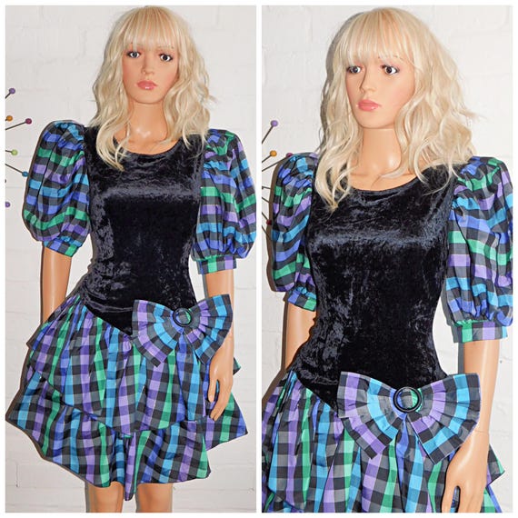 Vintage 80s Black Multicoloured VELVET TARTAN Check BOW RaRa Prom Party Dress 12 14 M 1980s Kitsch Puff Sleeves Mini