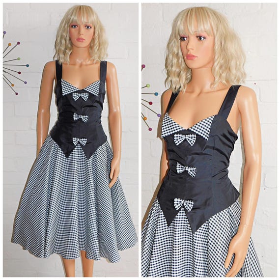 Vintage 80s Black White Check Plaid 50s Revival Prom Party dress 10 S 1980s Kitsch Cocktail Evening