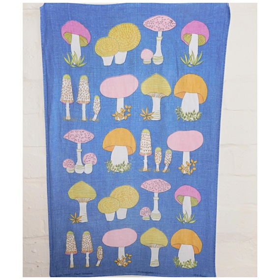 Vintage 60s 70s Blue MUSHROOM Old Bleach Irish Linen Tea Towel Kitchenalia