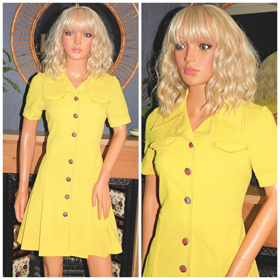 Vintage 60s Canary Yellow Wide Collar MOD Day Dress 12 M