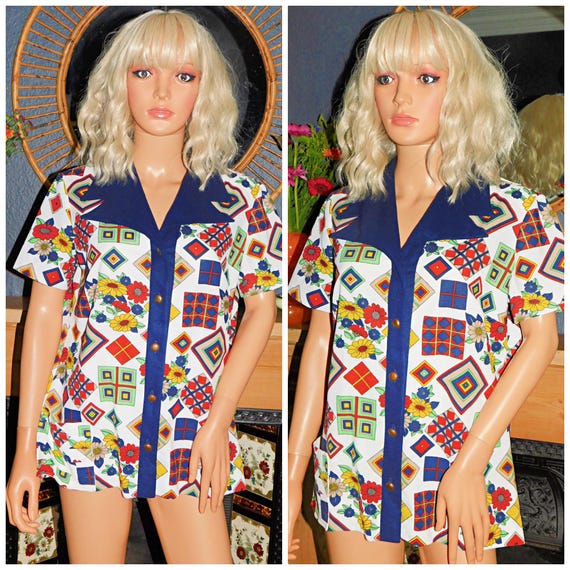 Vintage 70s Multicoloured FLORAL GEOMETRIC Print Wide DAGGER Collar Top 16-18 L 1970s Kitsch Psychedelic